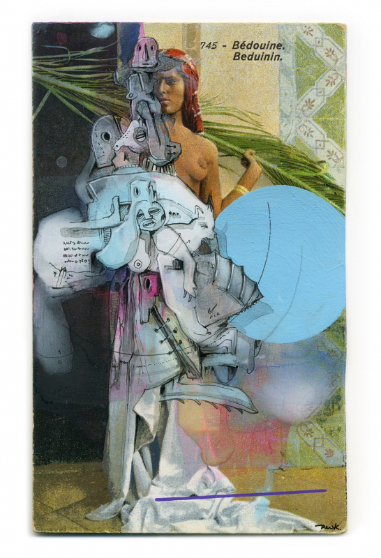 Beduinin | 2024 | 14x9cm | Peer Kriesel Übermalung | Mischtechnik auf Postkarte, gerahmt